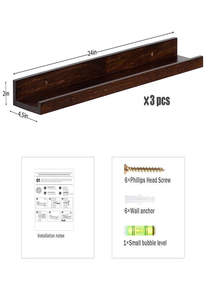 AZSKY Walnut Floating Shelves 24 Inch Picture Ledge Shelf for Wall Photo Shelves with Lip for Pictures Nursery Room Bookshelf Wood Wall Shelves Set of 3 for Bedroom Living Room Bathroom Kitchen - Image 3